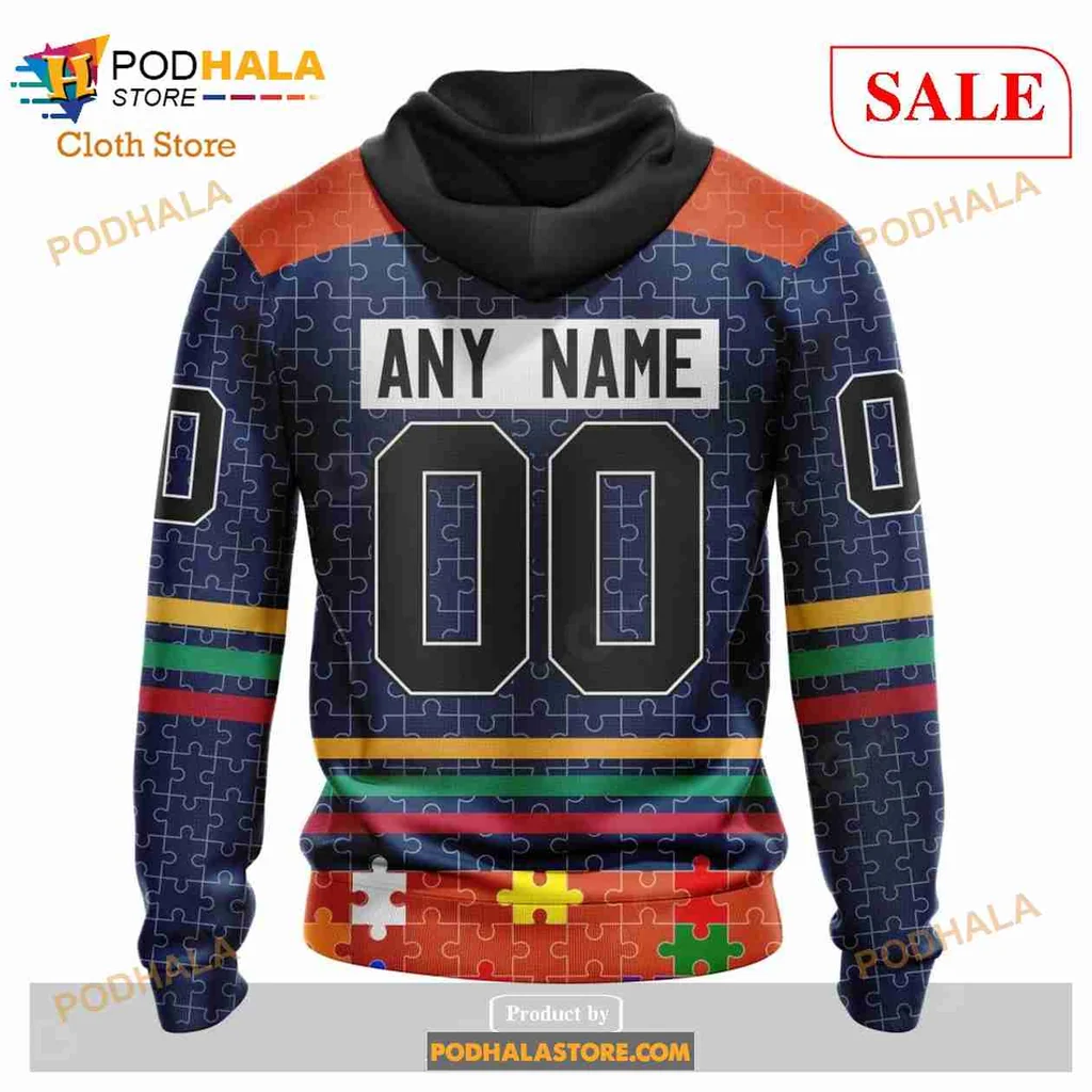 Colorful Edmonton Oilers Autism Awareness Hoodie, 3d Design With Puzzle Pieces - View 2 Colorful Edmonton Oilers Autism Awareness Hoodie, 3d Design With Puzzle Pieces - View 2