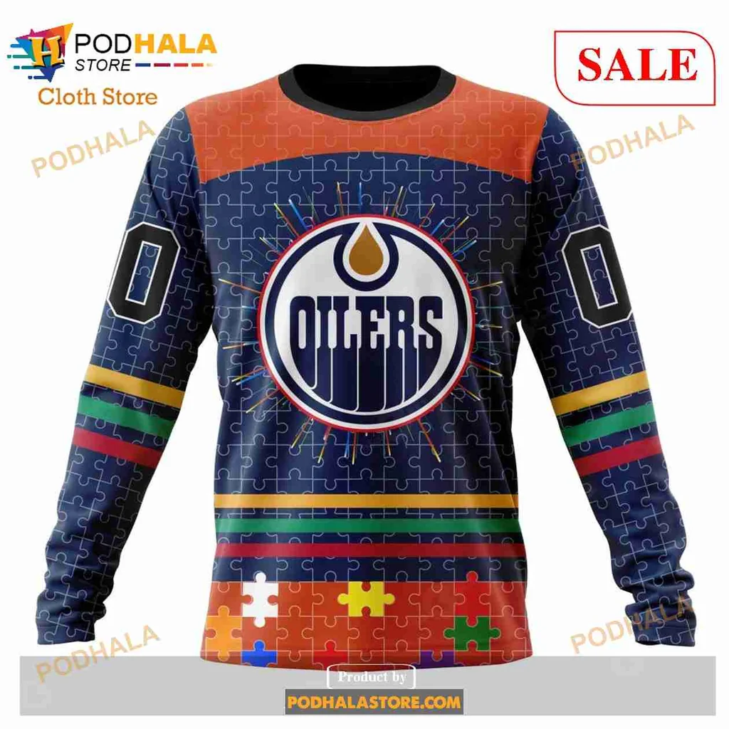 Colorful Edmonton Oilers Autism Awareness Hoodie, 3d Design With Puzzle Pieces - View 3 Colorful Edmonton Oilers Autism Awareness Hoodie, 3d Design With Puzzle Pieces - View 3