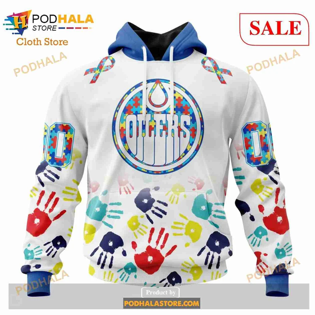 Colorful Edmonton Oilers Autism Awareness Hoodie With Handprint Design