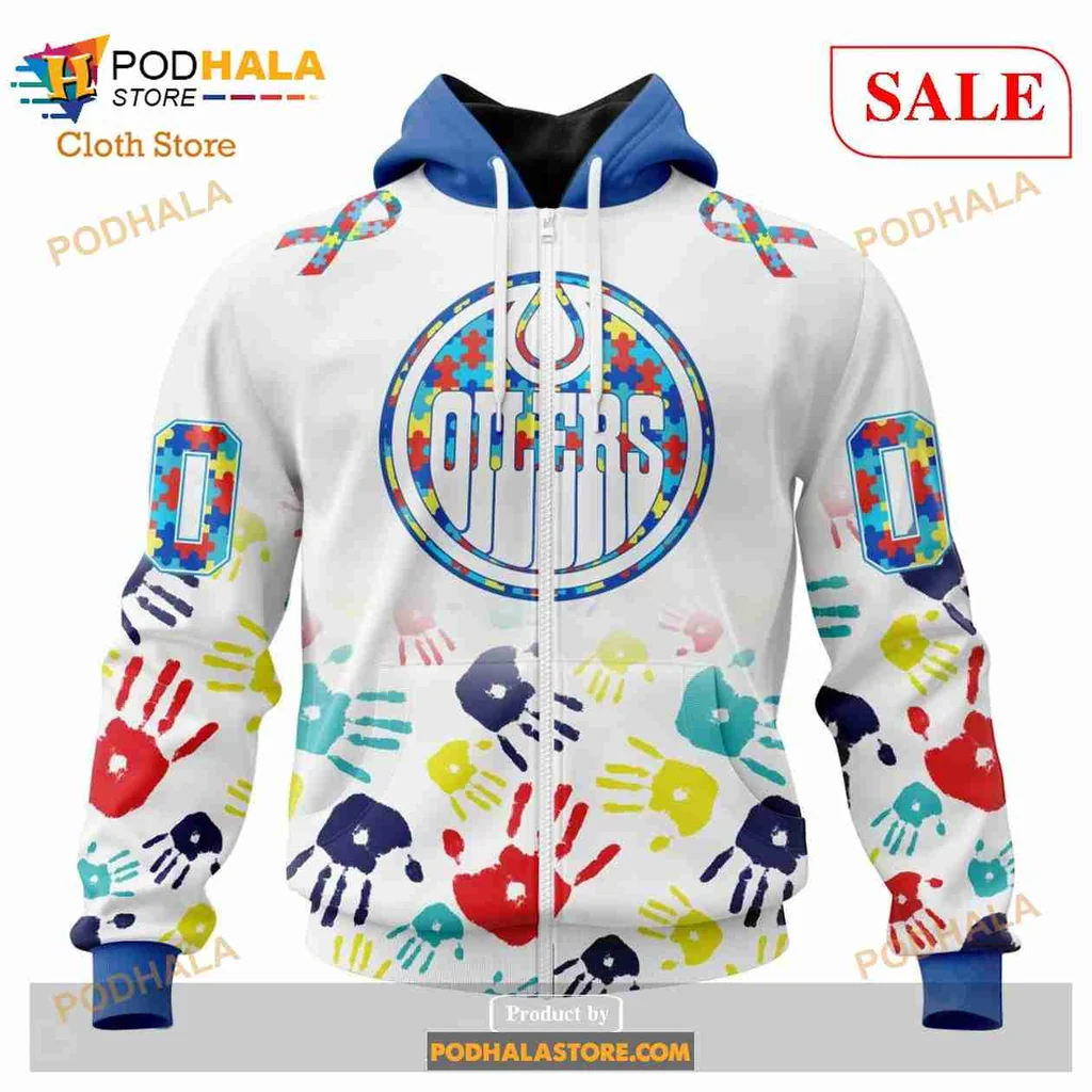 Colorful Edmonton Oilers Autism Awareness Hoodie With Handprint Design - View 1 Colorful Edmonton Oilers Autism Awareness Hoodie With Handprint Design - View 1