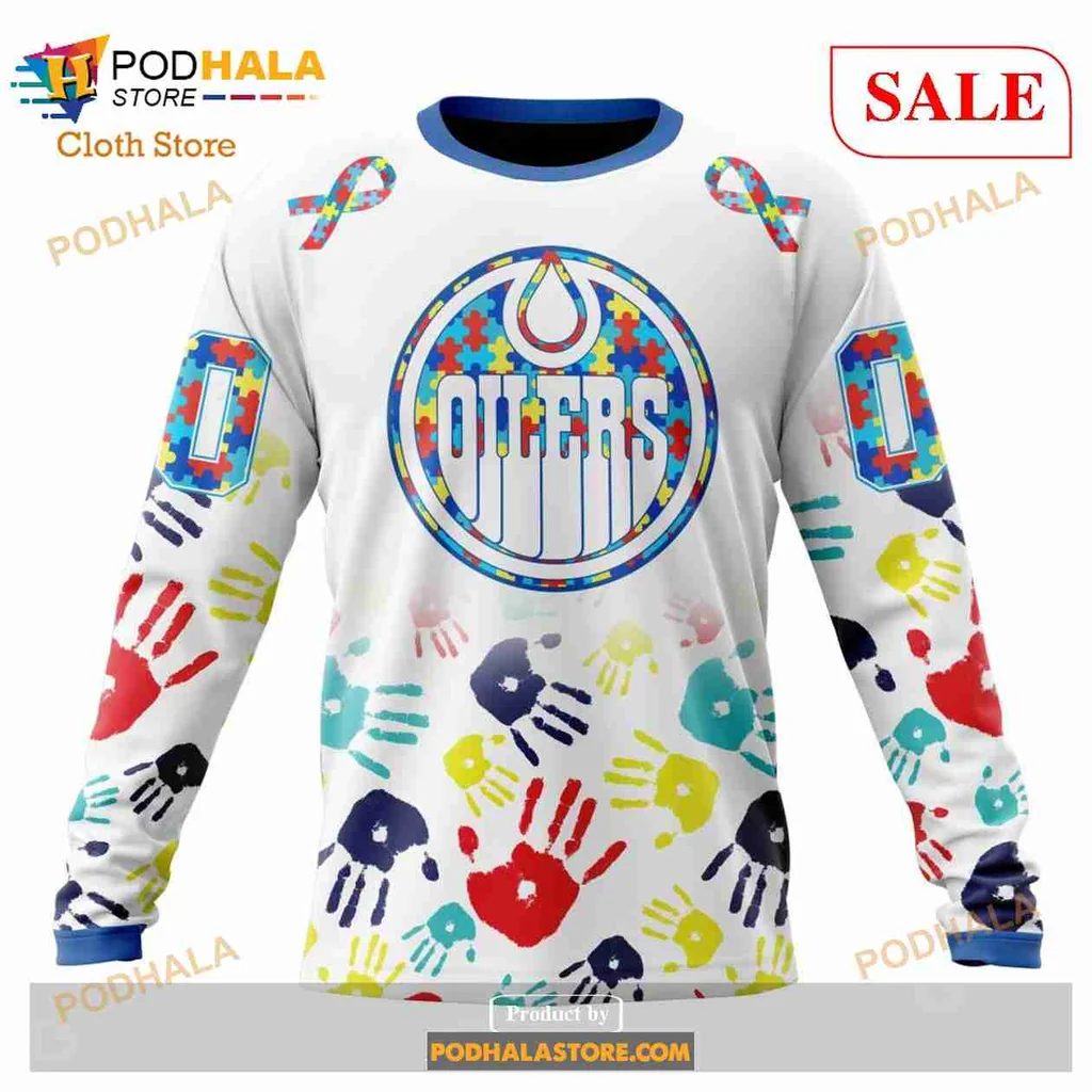 Colorful Edmonton Oilers Autism Awareness Hoodie With Handprint Design - View 3 Colorful Edmonton Oilers Autism Awareness Hoodie With Handprint Design - View 3