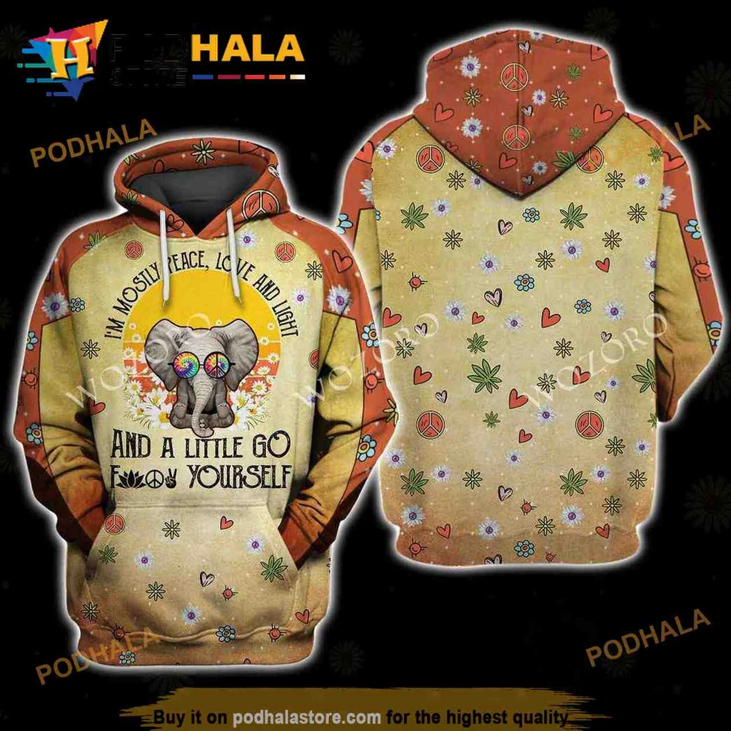 Colorful Elephant Hippie 3d Hoodie, Peace Love And Light Design
