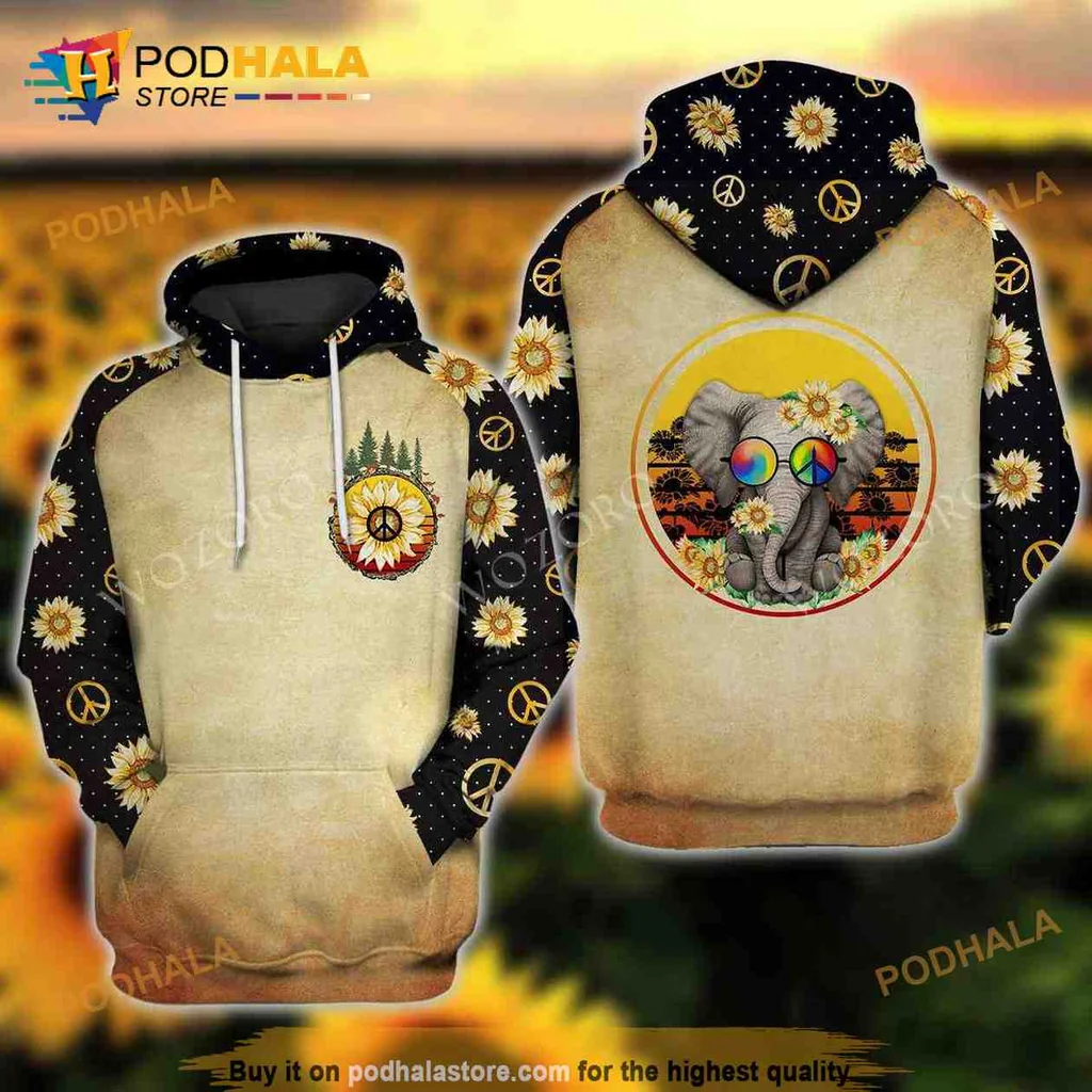 Colorful Elephant Sunflower 3d Hoodie With Peace Symbol Design