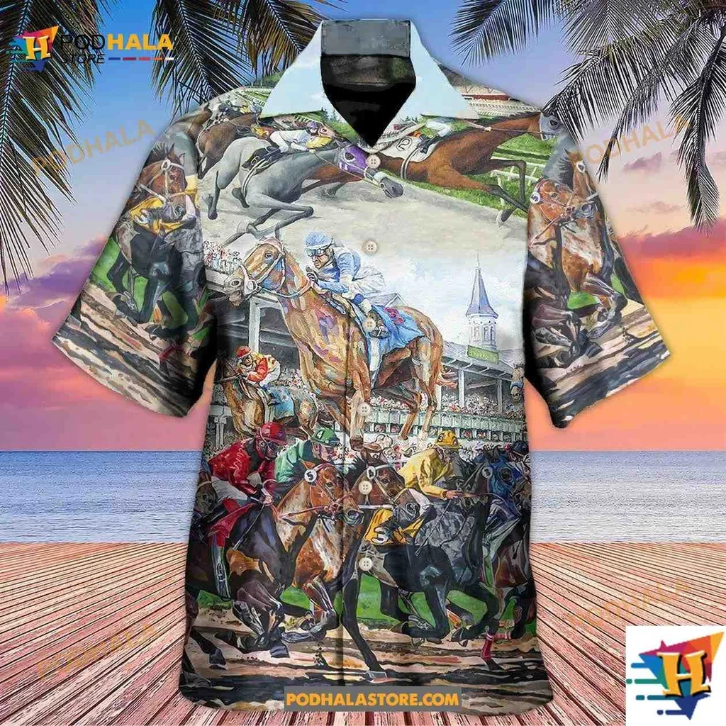 Colorful Galloping Horses Aloha Shirt Featuring Dynamic Horse Racing Design