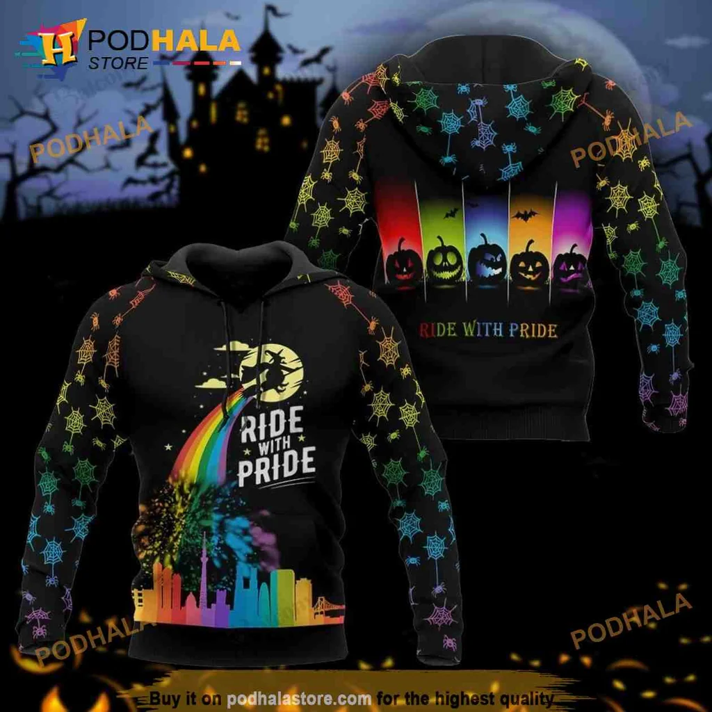 Colorful Halloween Lgbt Rainbow Witch 3d Hoodie With Ride With Pride Design
