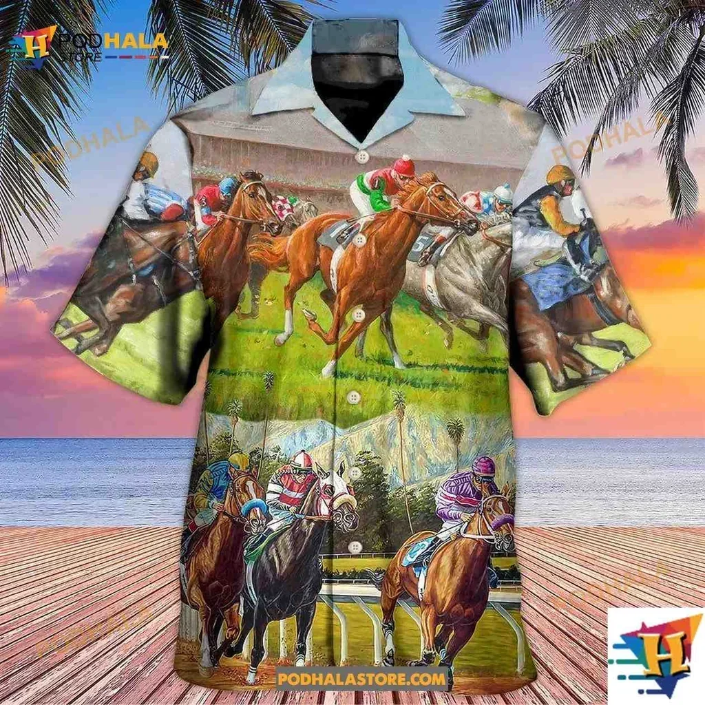 Colorful Horse Racing Aloha Shirt Featuring Dynamic Galloping Horses