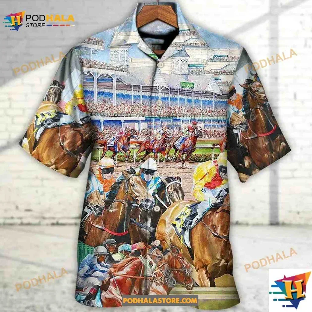 Colorful Horse Racing Aloha Shirt Featuring Galloping Horses And Jockeys