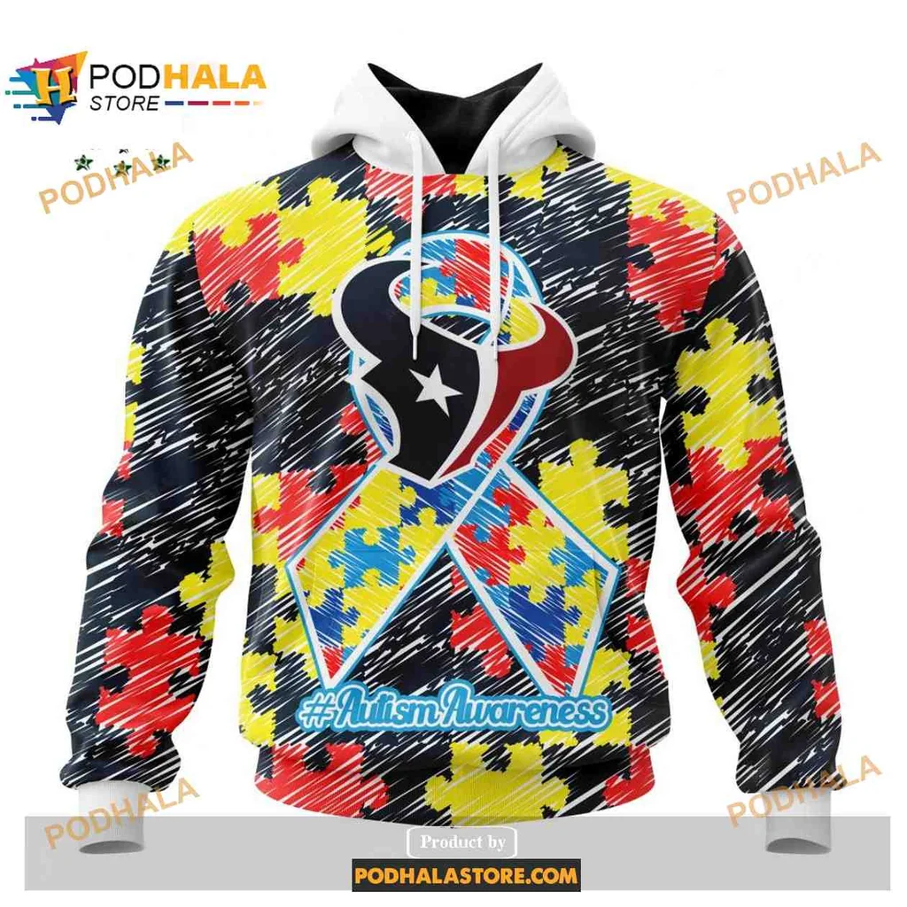 Colorful Houston Texans Autism Awareness 3d Hoodie With Vibrant Puzzle Design