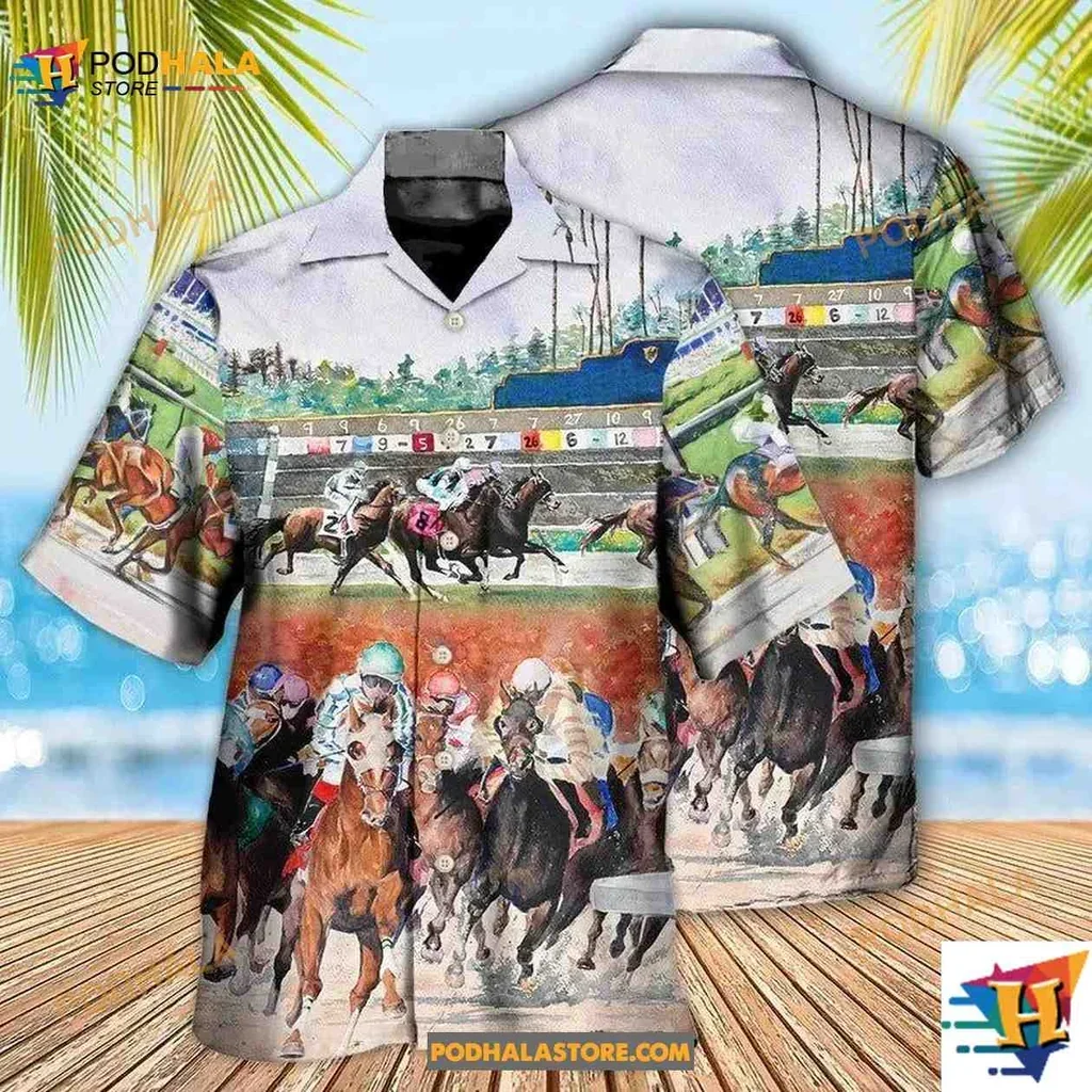 Colorful Jockey Horse Racing Aloha Shirt Featuring Galloping Horses