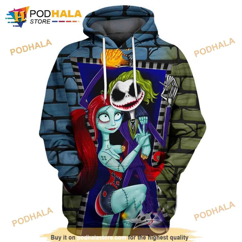 Colorful Joker And Sally 3d Hoodie With Halloween Theme Design
