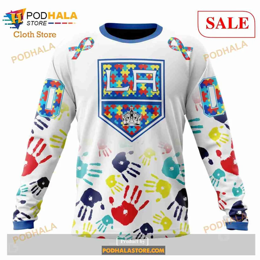 Colorful Los Angeles Kings Autism Awareness Hoodie With Puzzle Piece Design - View 3 Colorful Los Angeles Kings Autism Awareness Hoodie With Puzzle Piece Design - View 3