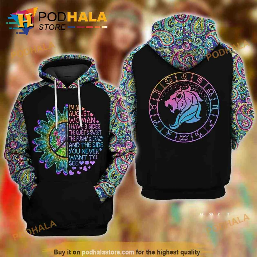 Colorful Mandala Lion Hippie 3d Hoodie With August Woman Design