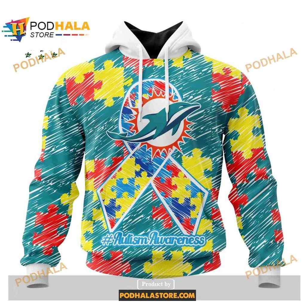 Colorful Miami Dolphins Autism Awareness 3d Hoodie With Puzzle Design