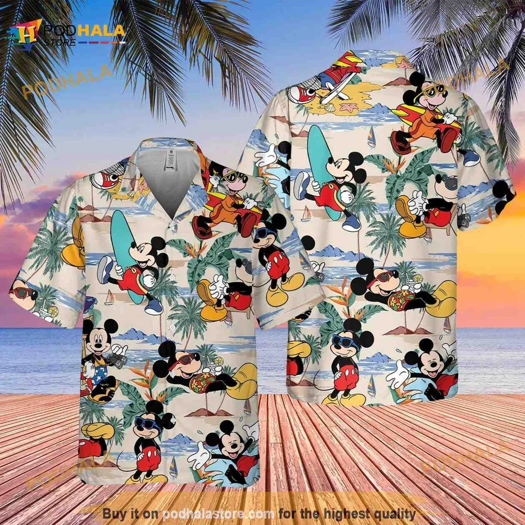 Colorful Mickey Mouse Aloha Shirt Featuring Vibrant Tropical Design
