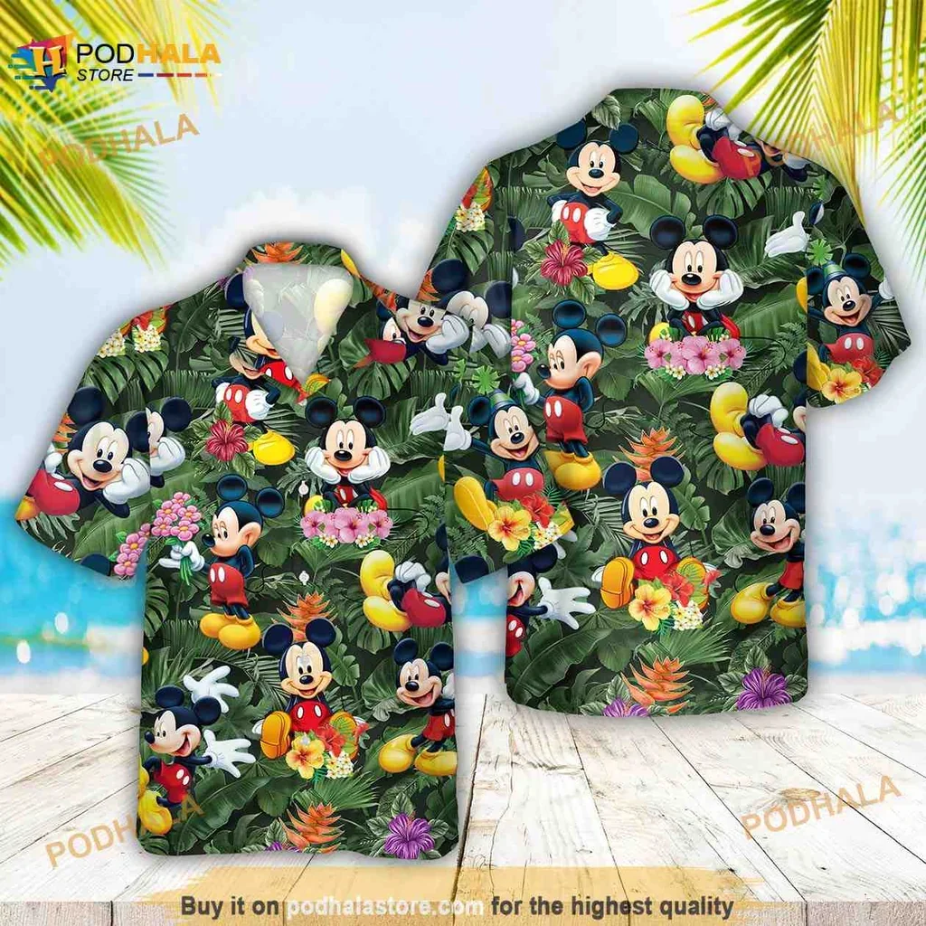Colorful Mickey Mouse Aloha Shirt With Tropical Leaves And Flowers