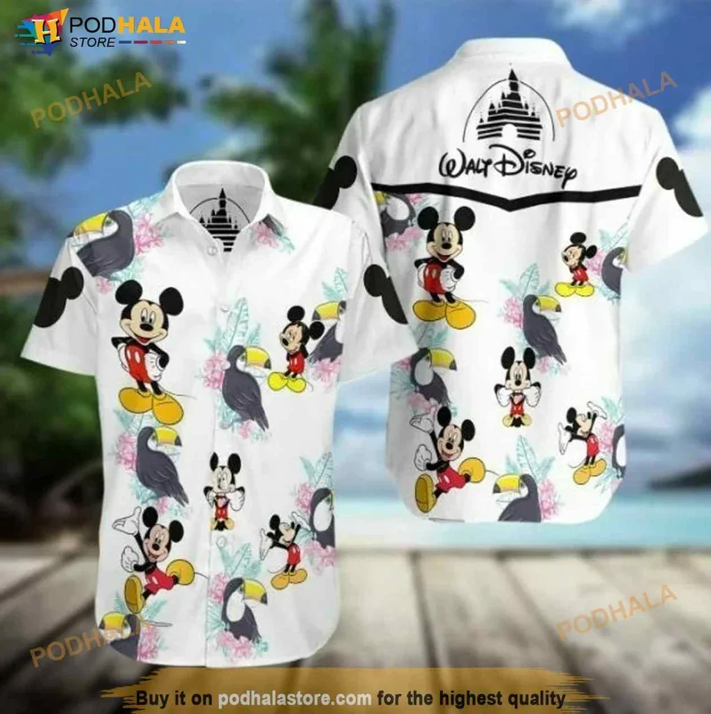 Colorful Mickey Mouse Aloha Shirt With Tropical Palm Leaves And Flowers