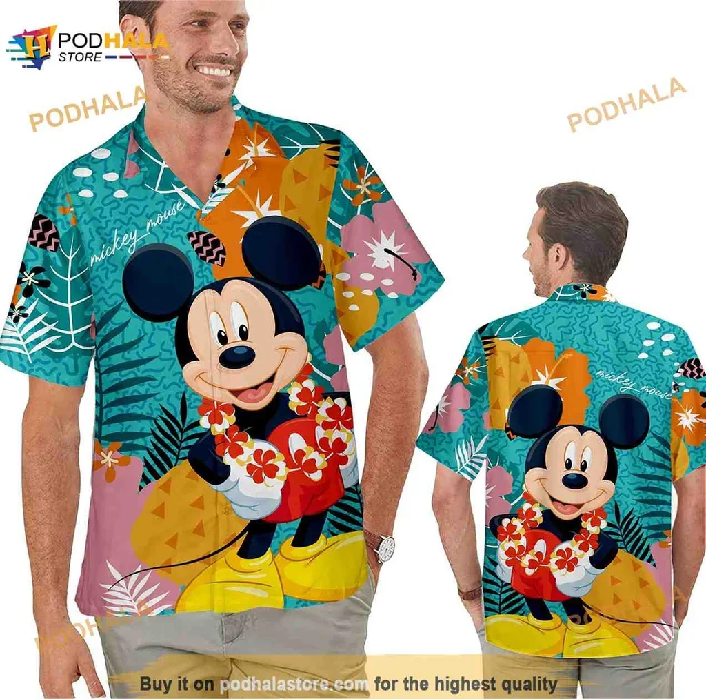 Colorful Mickey Mouse Aloha Shirt With Vibrant Tropical Floral Design