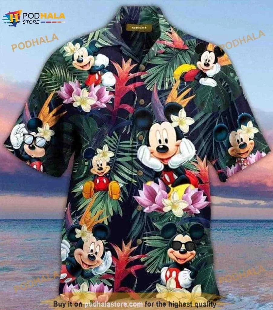 Colorful Mickey Mouse Hawaiian Shirt With Tropical Hibiscus And Palm Leaves
