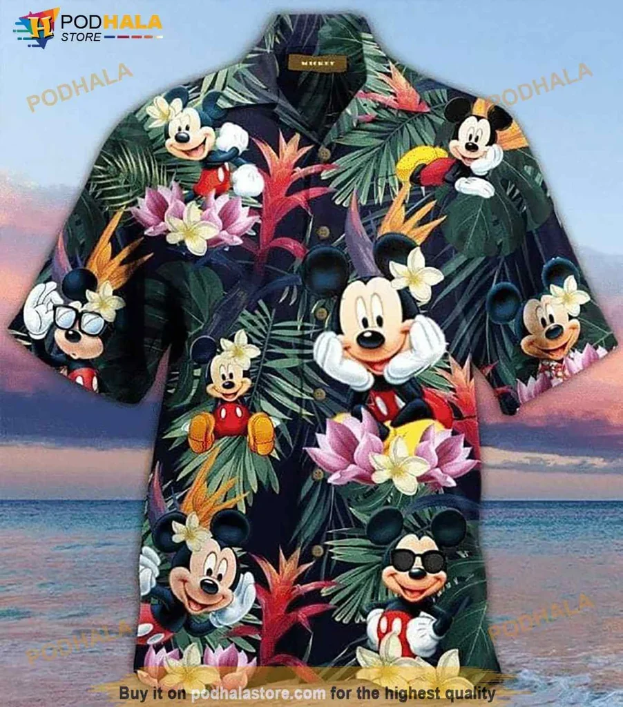 Colorful Mickey Mouse Hawaiian Shirt With Vibrant Hibiscus And Palm Leaves