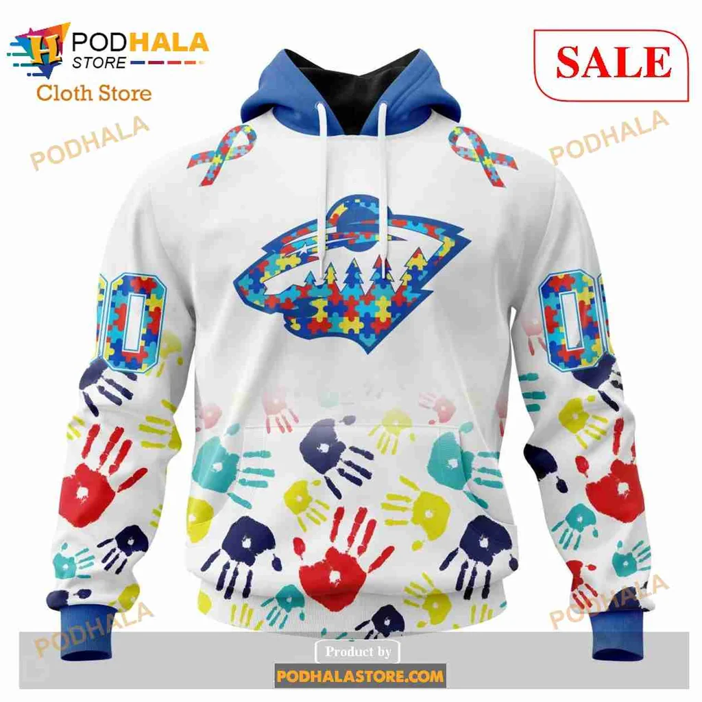 Colorful Minnesota Wild Autism Awareness Hoodie Featuring Puzzle Pieces Design