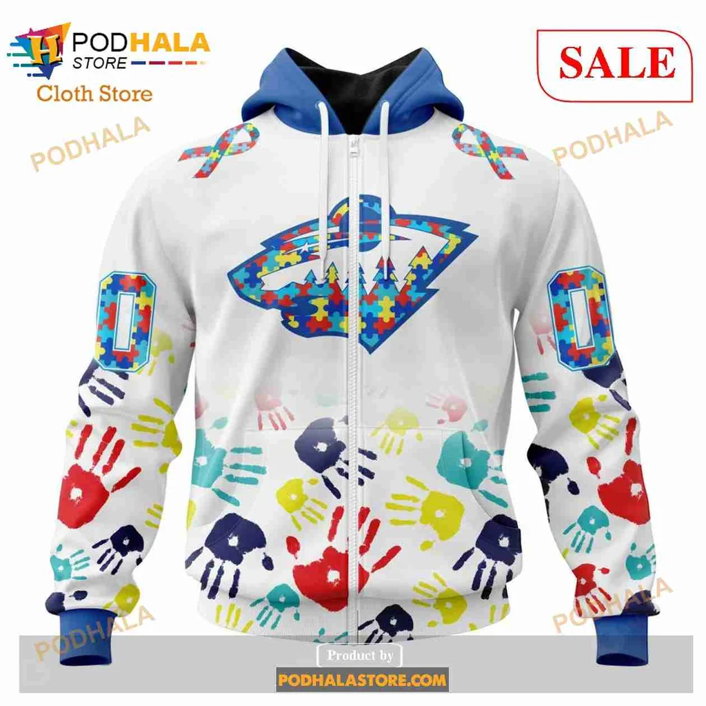 Colorful Minnesota Wild Autism Awareness Hoodie Featuring Puzzle Pieces Design - View 1 Colorful Minnesota Wild Autism Awareness Hoodie Featuring Puzzle Pieces Design - View 1