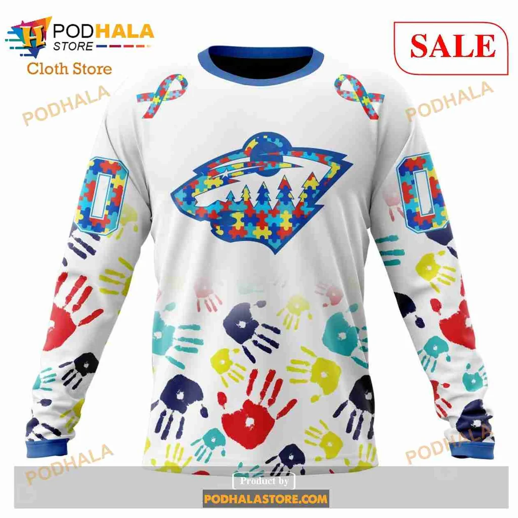 Colorful Minnesota Wild Autism Awareness Hoodie Featuring Puzzle Pieces Design - View 3 Colorful Minnesota Wild Autism Awareness Hoodie Featuring Puzzle Pieces Design - View 3
