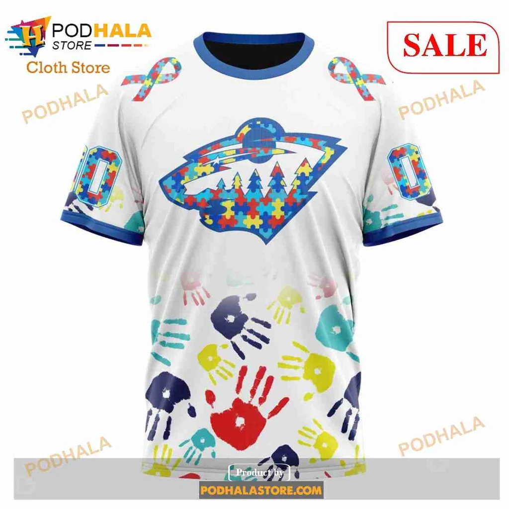 Colorful Minnesota Wild Autism Awareness Hoodie Featuring Puzzle Pieces Design - Product View 6 Colorful Minnesota Wild Autism Awareness Hoodie Featuring Puzzle Pieces Design - Product View 6