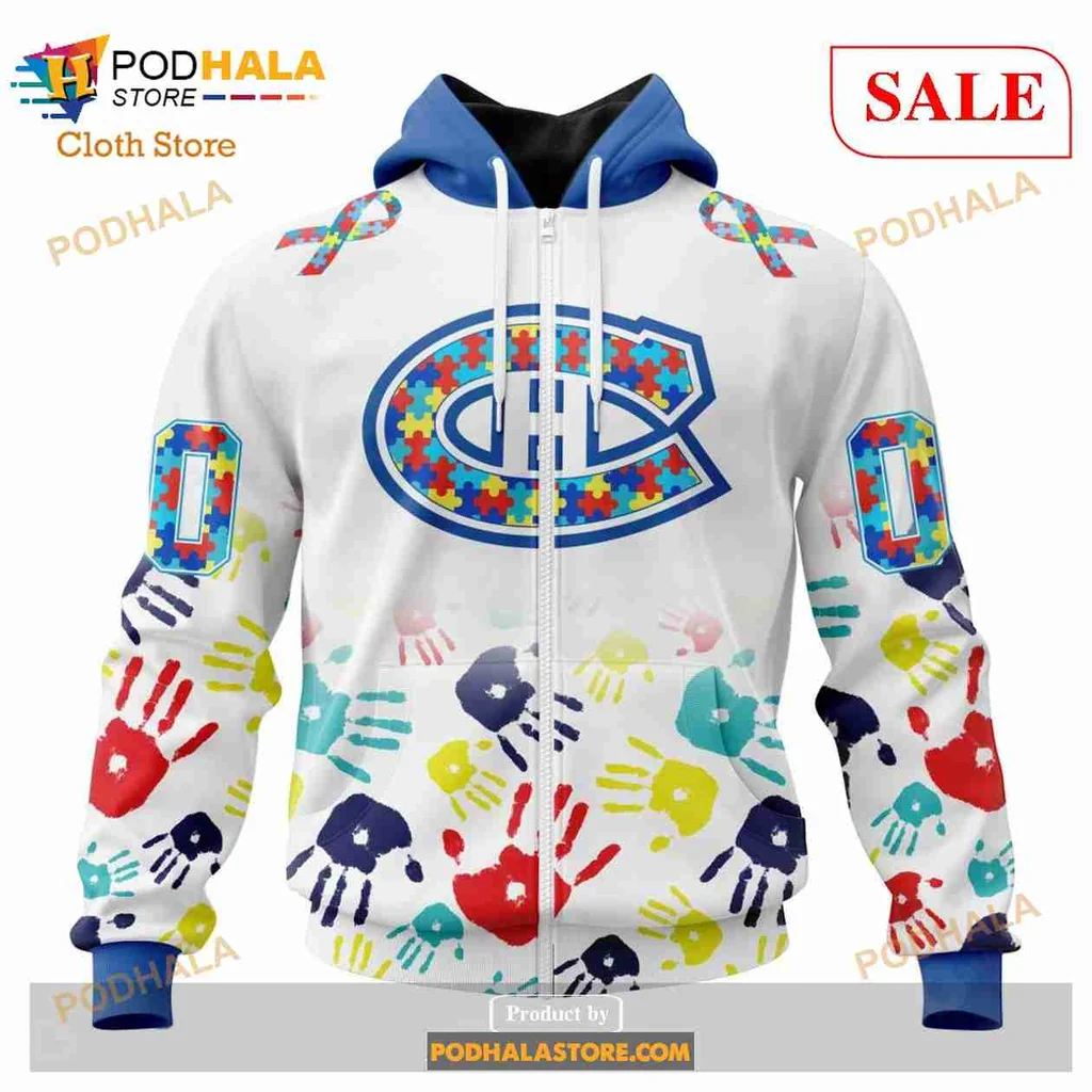 Colorful Montreal Canadiens All Over Print Hoodie With Autism Awareness Handprints Colorful Montreal Canadiens All Over Print Hoodie With Autism Awareness Handprints