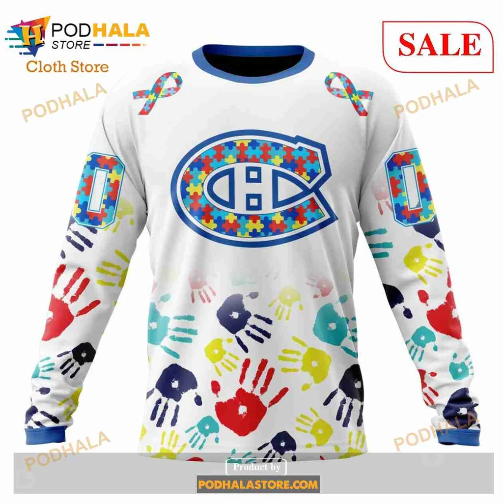 Colorful Montreal Canadiens 3D Print Hoodie With Autism Awareness Handprints Colorful Montreal Canadiens 3D Print Hoodie With Autism Awareness Handprints