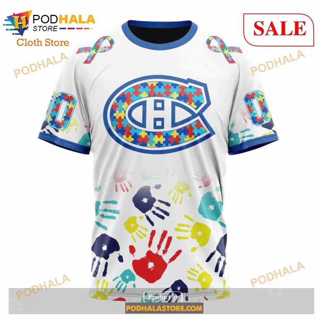 Colorful Montreal Canadiens 3d Hoodie With Autism Awareness Handprints - Product View 6 Colorful Montreal Canadiens 3d Hoodie With Autism Awareness Handprints - Product View 6
