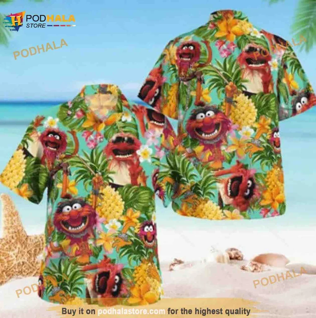 Colorful Muppet Animal Aloha Shirt With Vibrant Pineapple Design