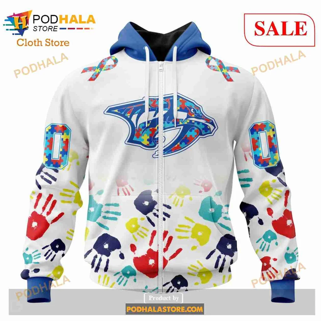 Colorful Nashville Predators Autism Awareness Hoodie With Handprint Design - View 1 Colorful Nashville Predators Autism Awareness Hoodie With Handprint Design - View 1