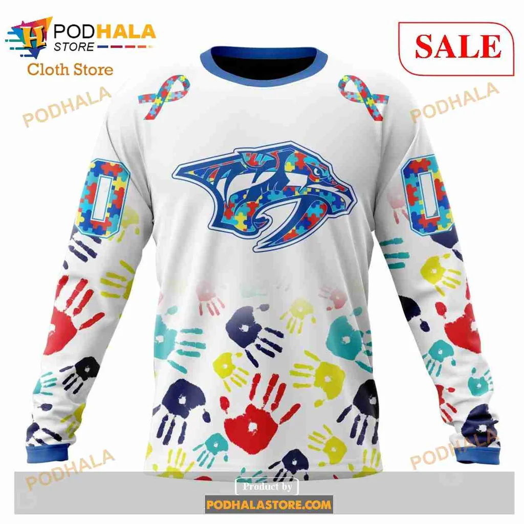Colorful Nashville Predators Autism Awareness Hoodie With Handprint Design - View 3 Colorful Nashville Predators Autism Awareness Hoodie With Handprint Design - View 3