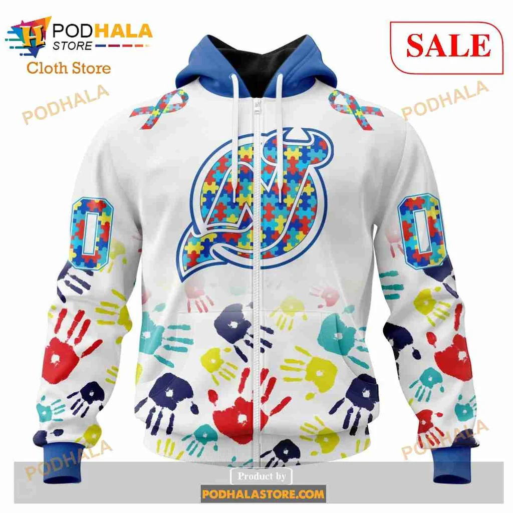 Colorful New Jersey Devils Autism Awareness Hoodie With Puzzle Piece Design - View 1 Colorful New Jersey Devils Autism Awareness Hoodie With Puzzle Piece Design - View 1