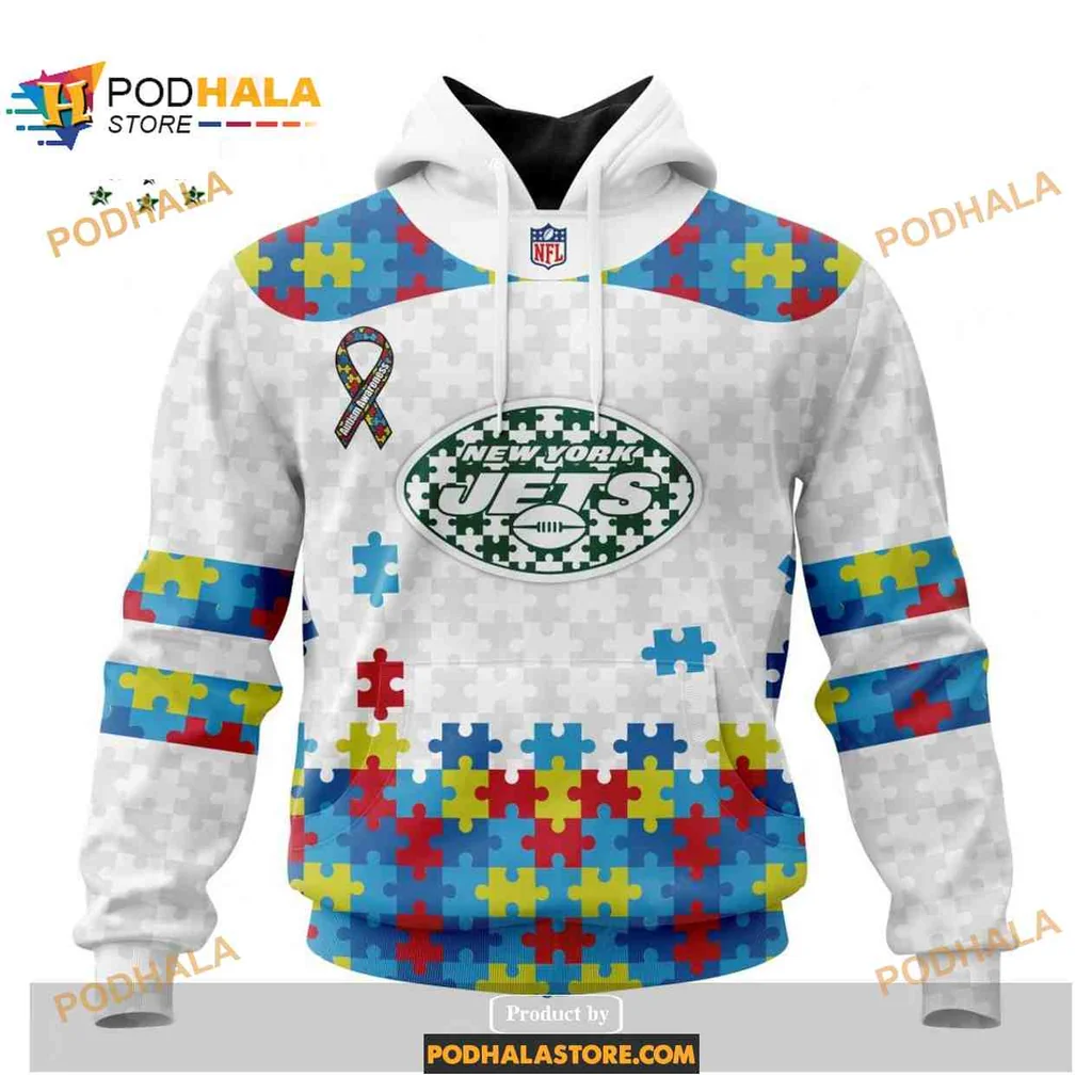 Colorful New York Jets Autism Awareness Hoodie With Puzzle Piece Design