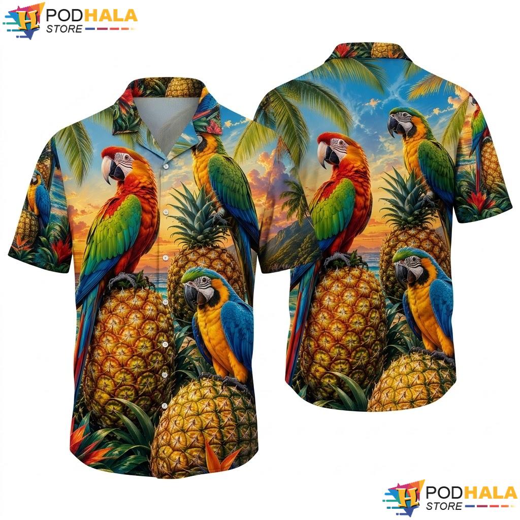 Colorful Parrot Pineapple Hawaiian Shirt Vibrant Tropical Mens Apparel