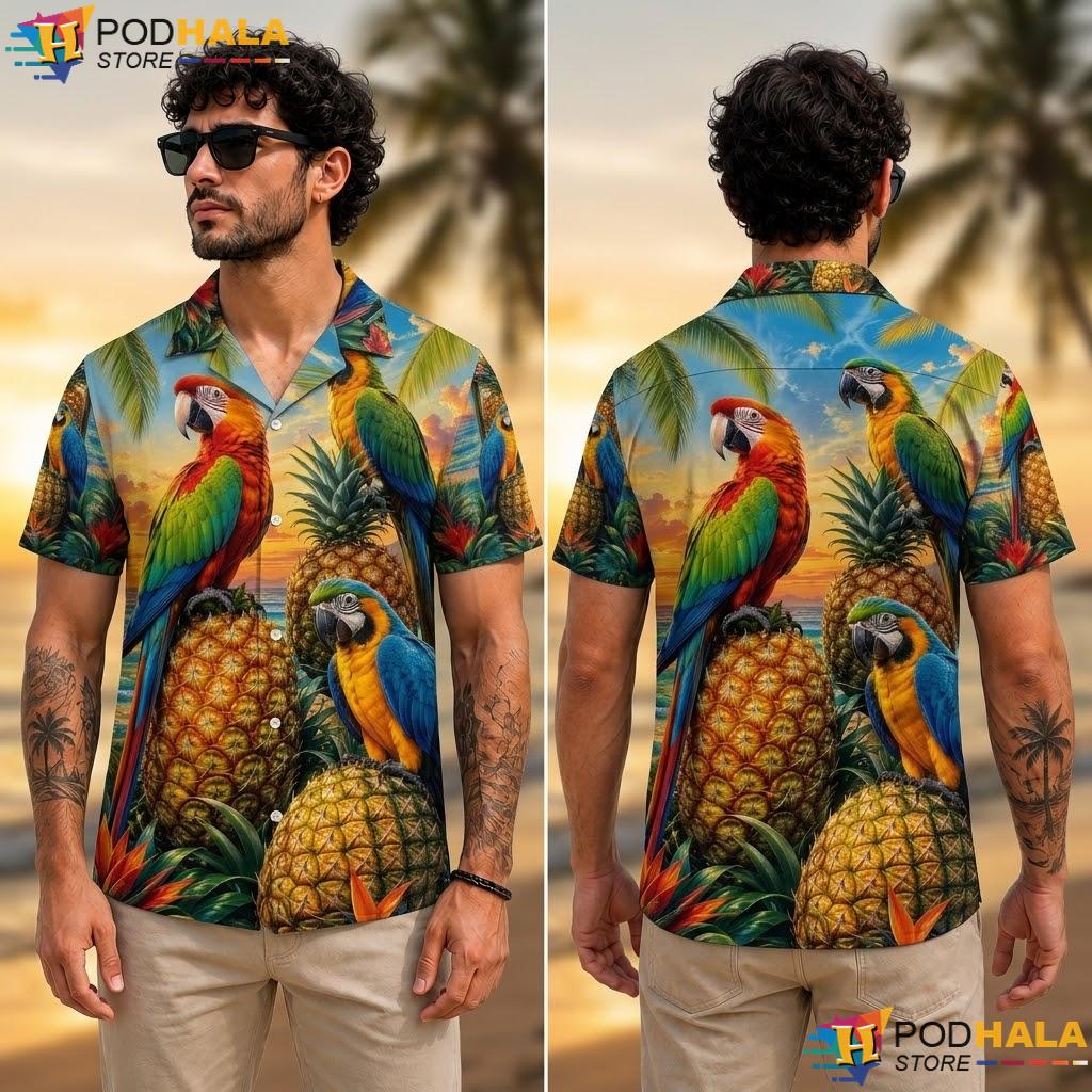 Colorful Parrot Pineapple Aloha Shirt Vibrant Tropical Mens Apparel Colorful Parrot Pineapple Aloha Shirt Vibrant Tropical Mens Apparel