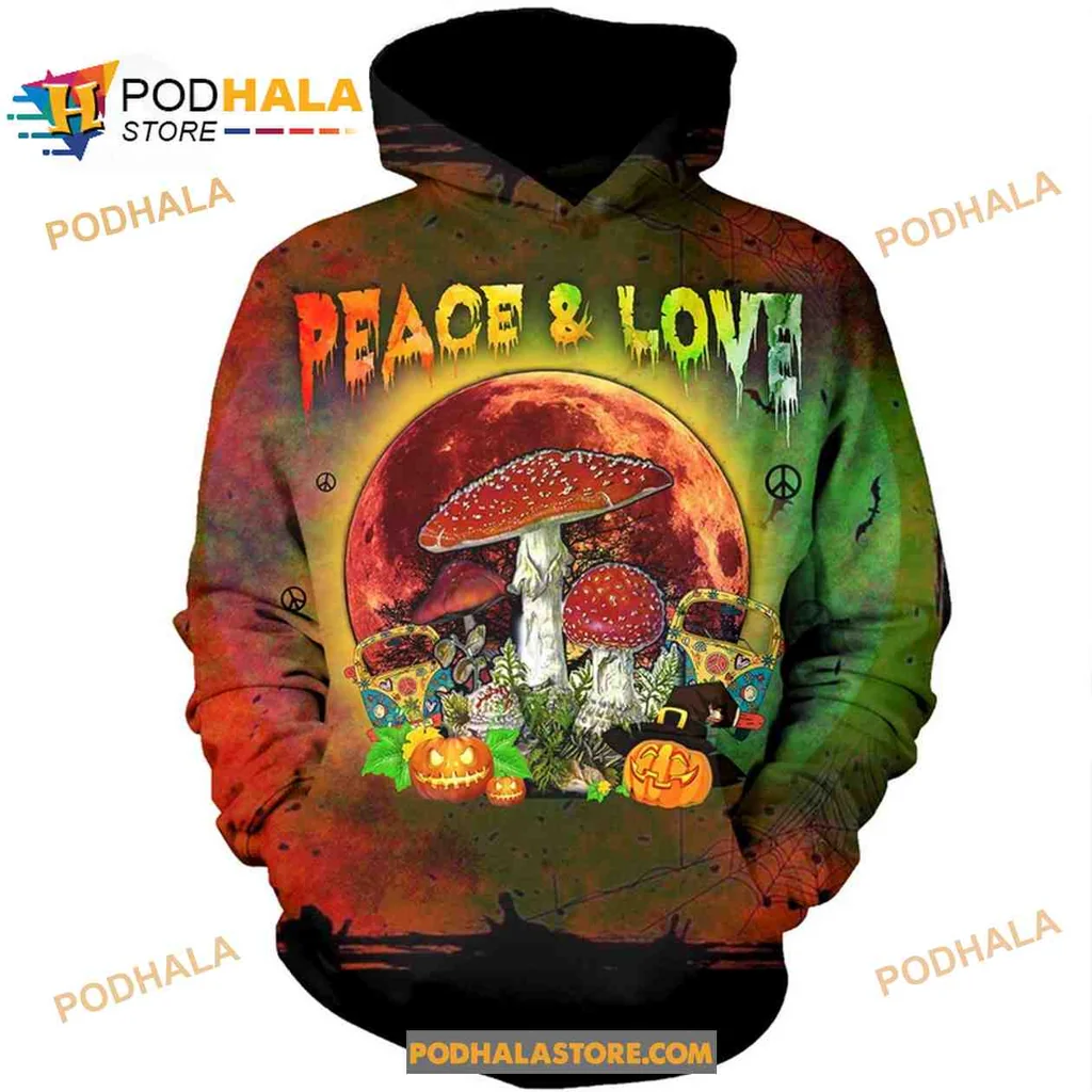 Colorful Peace And Love Mushroom 3d Hoodie With Whimsical Halloween Design