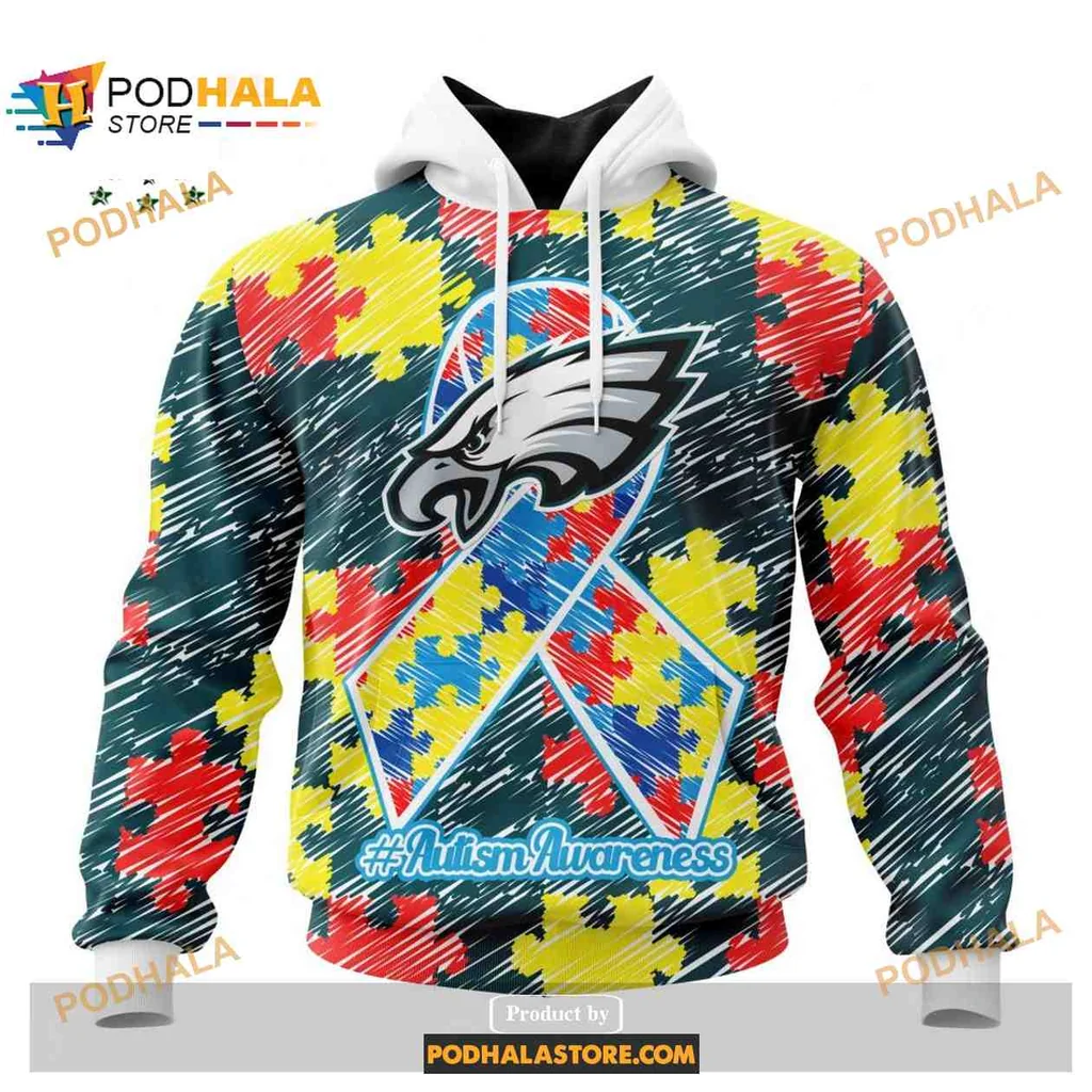 Colorful Philadelphia Eagles Autism Awareness 3d Hoodie With Puzzle Design