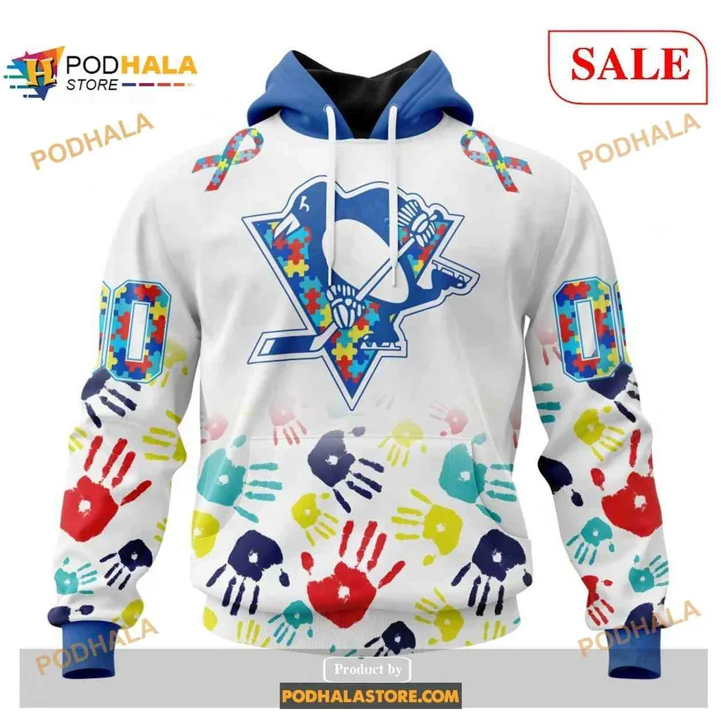 Colorful Pittsburgh Penguins Autism Awareness Hoodie With Playful Handprints