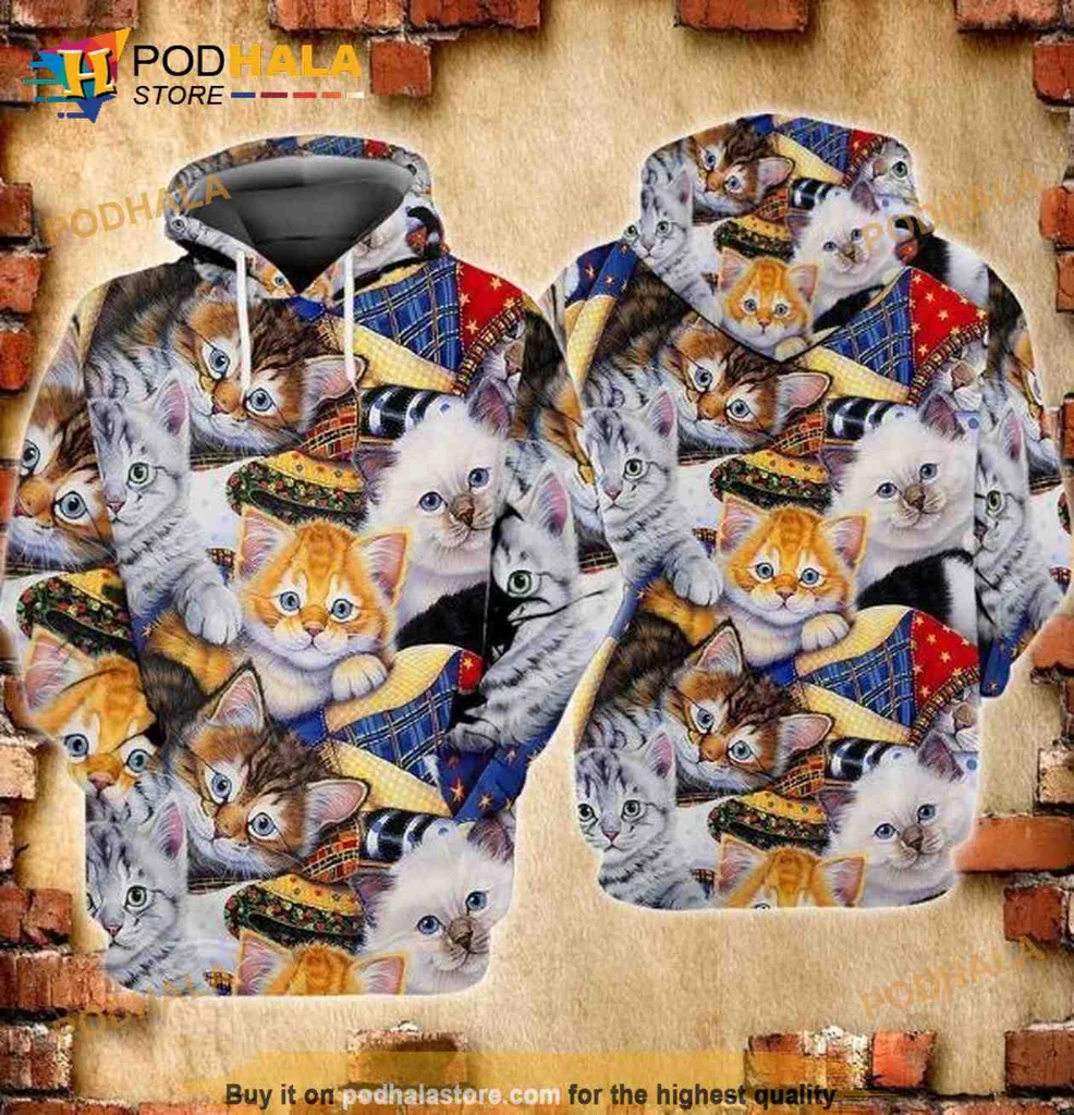 Colorful Playful Cats 3d Hoodie With Whimsical All Over Cat Design