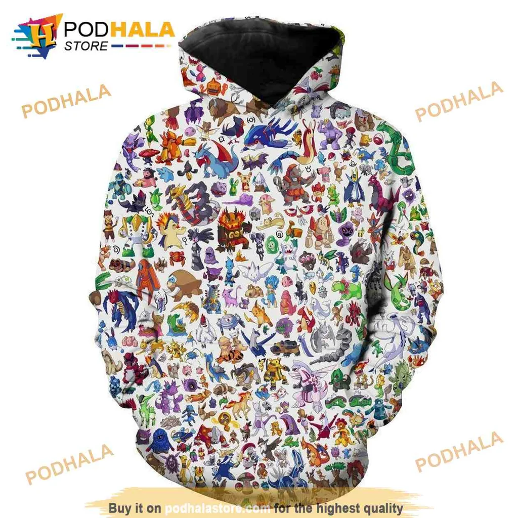 Colorful Playful Pokemon Characters 3d Hoodie Featuring Vibrant All Over Print