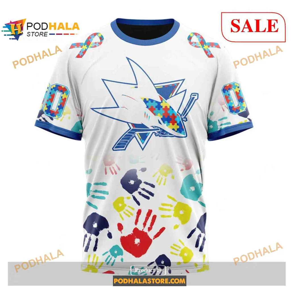 Colorful San Jose Sharks Autism Awareness Hoodie With Puzzle Piece Design - View 2 Colorful San Jose Sharks Autism Awareness Hoodie With Puzzle Piece Design - View 2