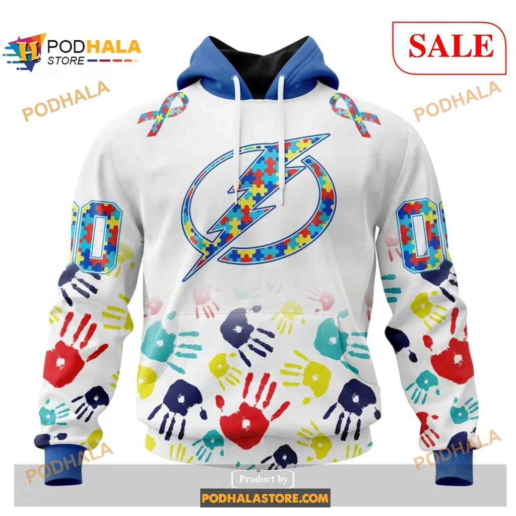 Colorful Tampa Bay Lightning Autism Awareness Hoodie With Handprints
