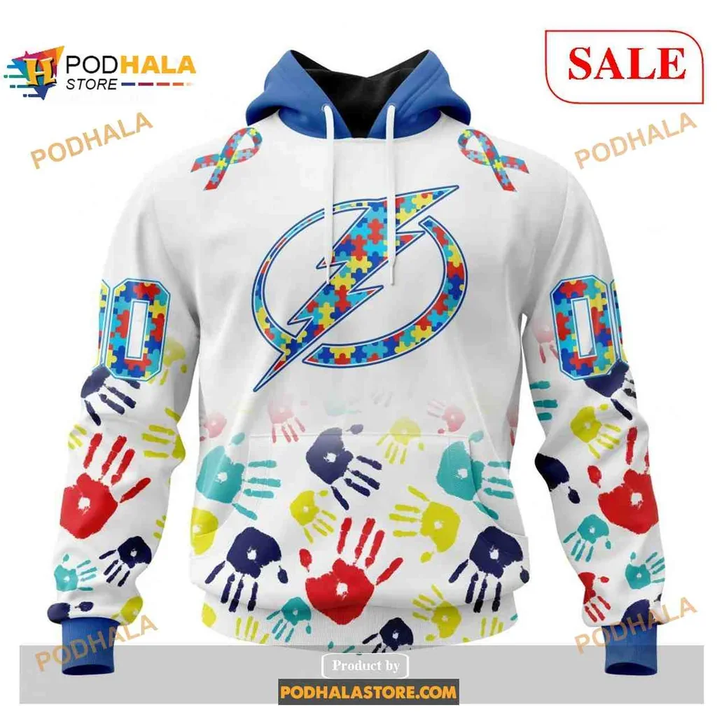 Colorful Tampa Bay Lightning Handprint Hoodie Featuring Autism Awareness Design