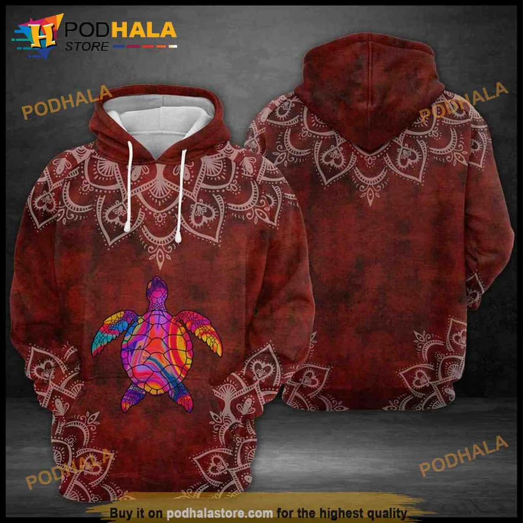 Colorful Turtle Stained Glass 3d Hoodie With Intricate Mandala Design