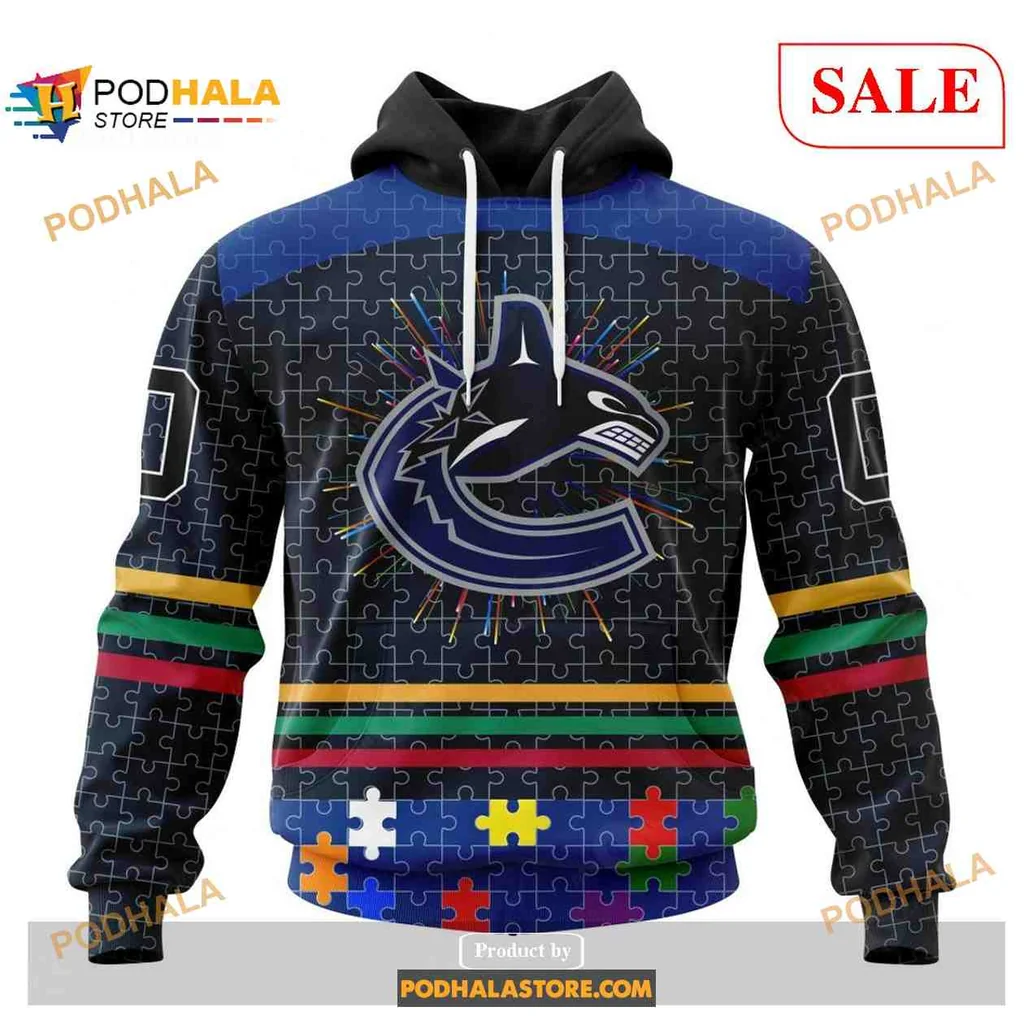 Colorful Vancouver Canucks Autism Awareness Hoodie With Puzzle Design