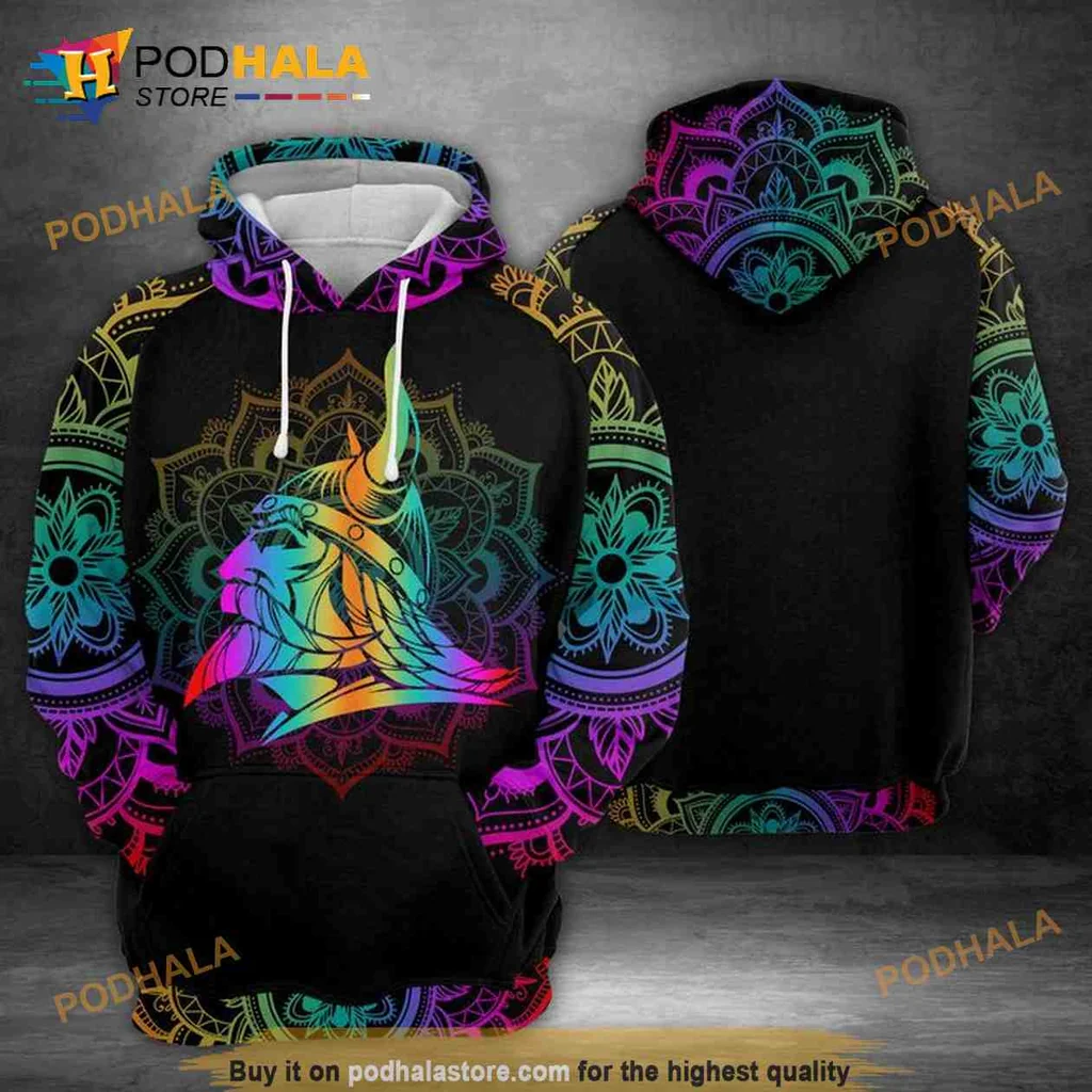 Colorful Viking Head 3d Hoodie With Mandala Design
