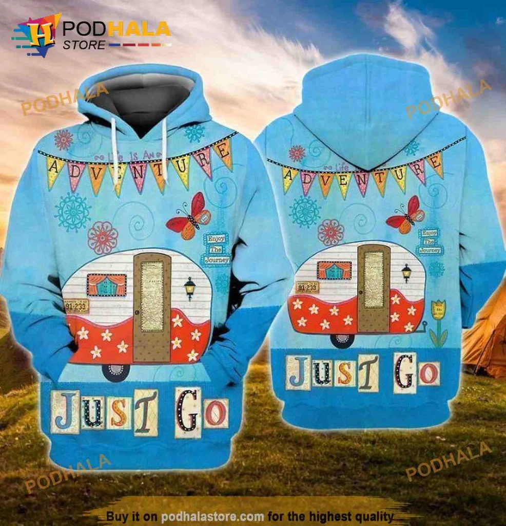 Colorful Vintage Camper Adventure Just Go 3d Hoodie With Whimsical Design