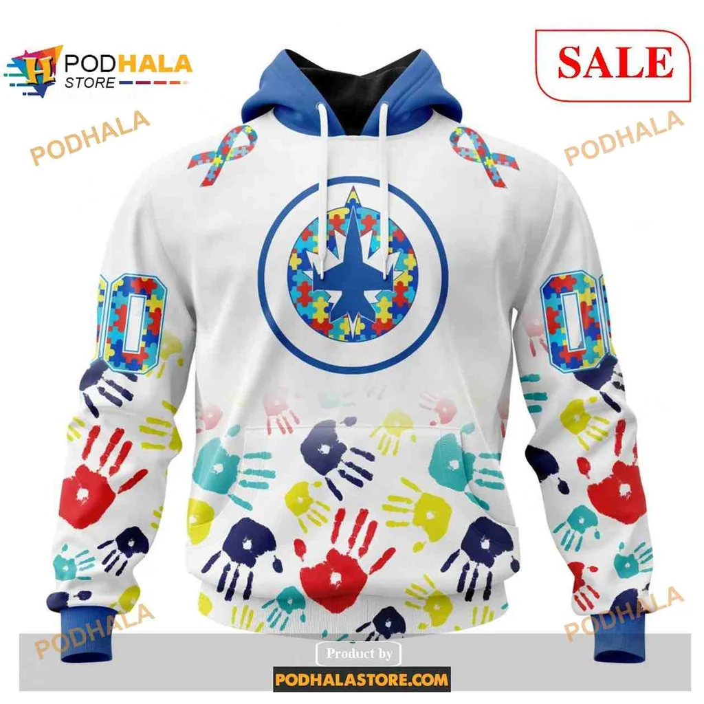 Colorful Winnipeg Jets Autism Awareness Hoodie With Vibrant Handprint Design